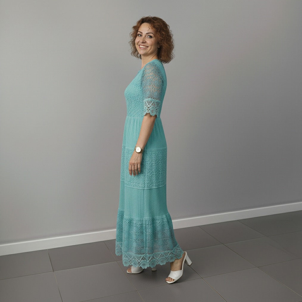 Lace Tiered Pleated Short Sleeve Midi Dress