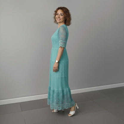 Lace Tiered Pleated Short Sleeve Midi Dress
