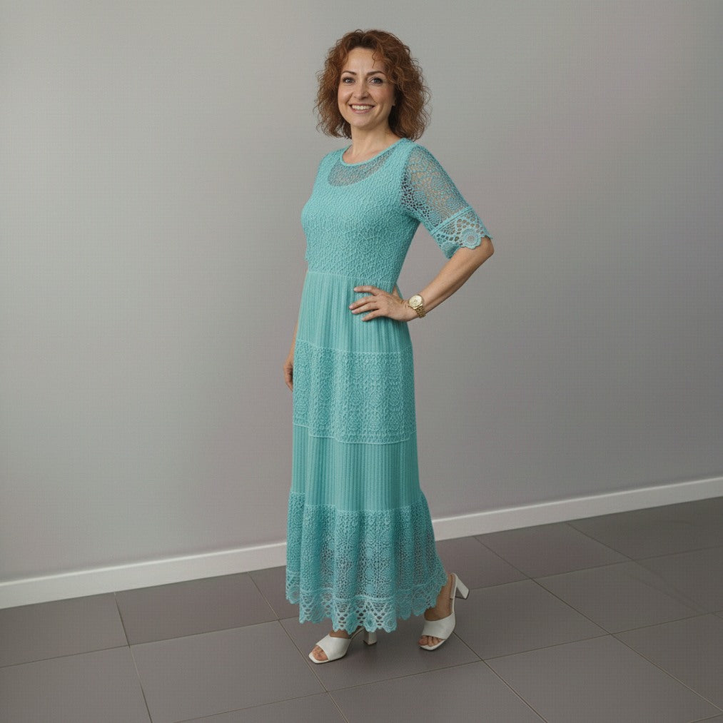 Lace Tiered Pleated Short Sleeve Midi Dress