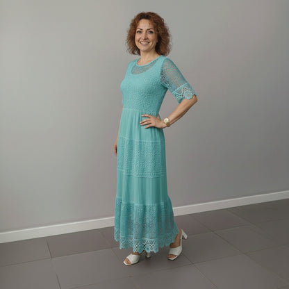 Lace Tiered Pleated Short Sleeve Midi Dress