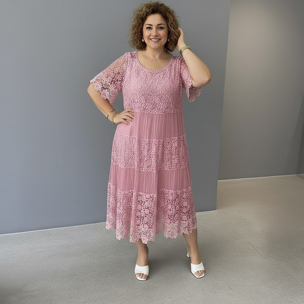 Lace Tiered Pleated Short Sleeve Midi Dress