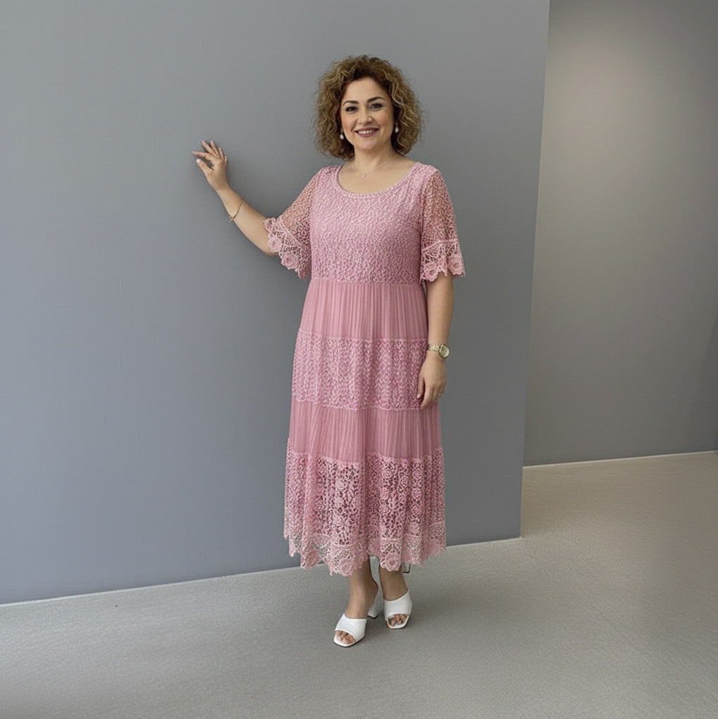 Lace Tiered Pleated Short Sleeve Midi Dress