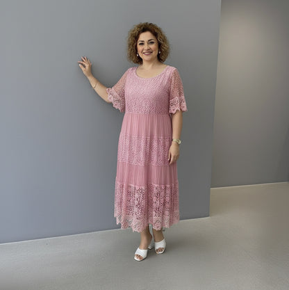 Lace Tiered Pleated Short Sleeve Midi Dress