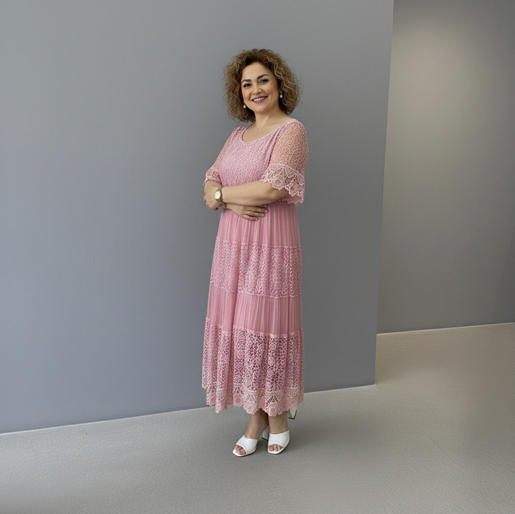 Lace Tiered Pleated Short Sleeve Midi Dress