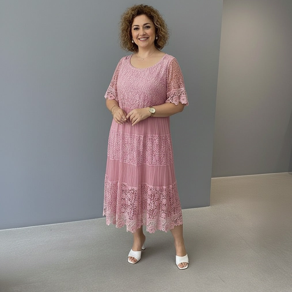 Lace Tiered Pleated Short Sleeve Midi Dress