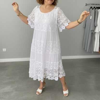 Lace Tiered Pleated Short Sleeve Midi Dress