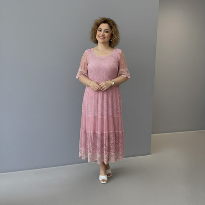 Lace Tiered Pleated Short Sleeve Midi Dress