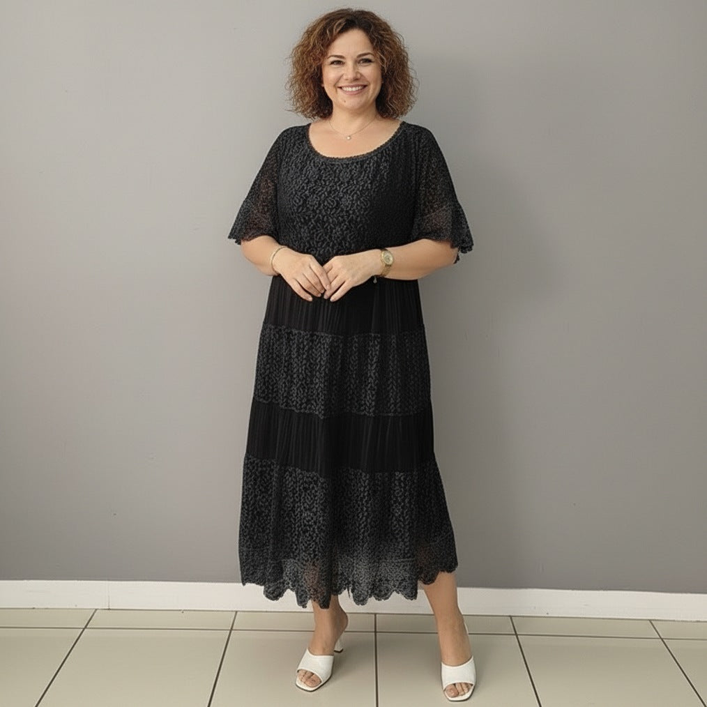 Lace Tiered Pleated Short Sleeve Midi Dress