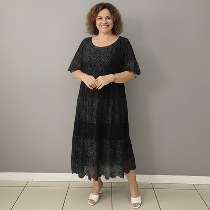 Lace Tiered Pleated Short Sleeve Midi Dress