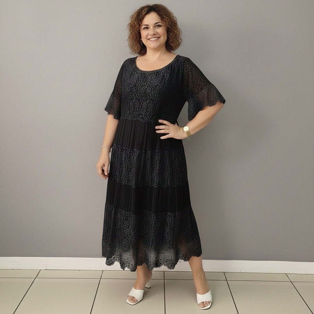 Lace Tiered Pleated Short Sleeve Midi Dress