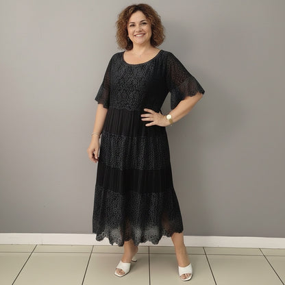 Lace Tiered Pleated Short Sleeve Midi Dress