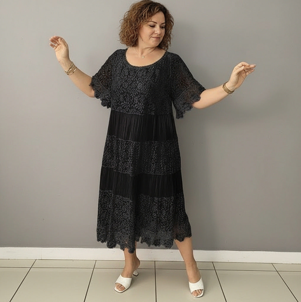 Lace Tiered Pleated Short Sleeve Midi Dress