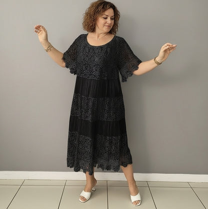 Lace Tiered Pleated Short Sleeve Midi Dress