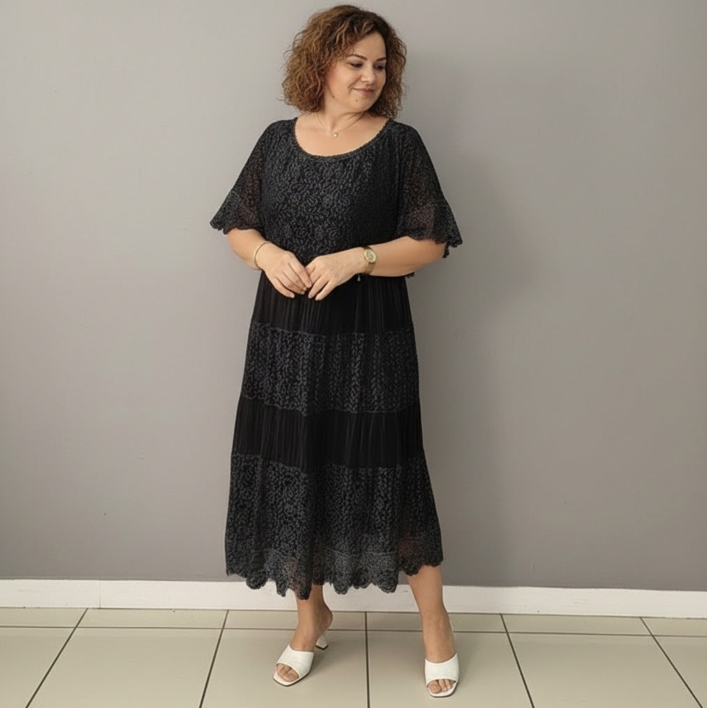 Lace Tiered Pleated Short Sleeve Midi Dress