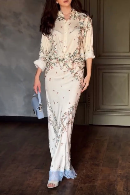 Floral Shirt Lace Trim Maxi Skirt Set