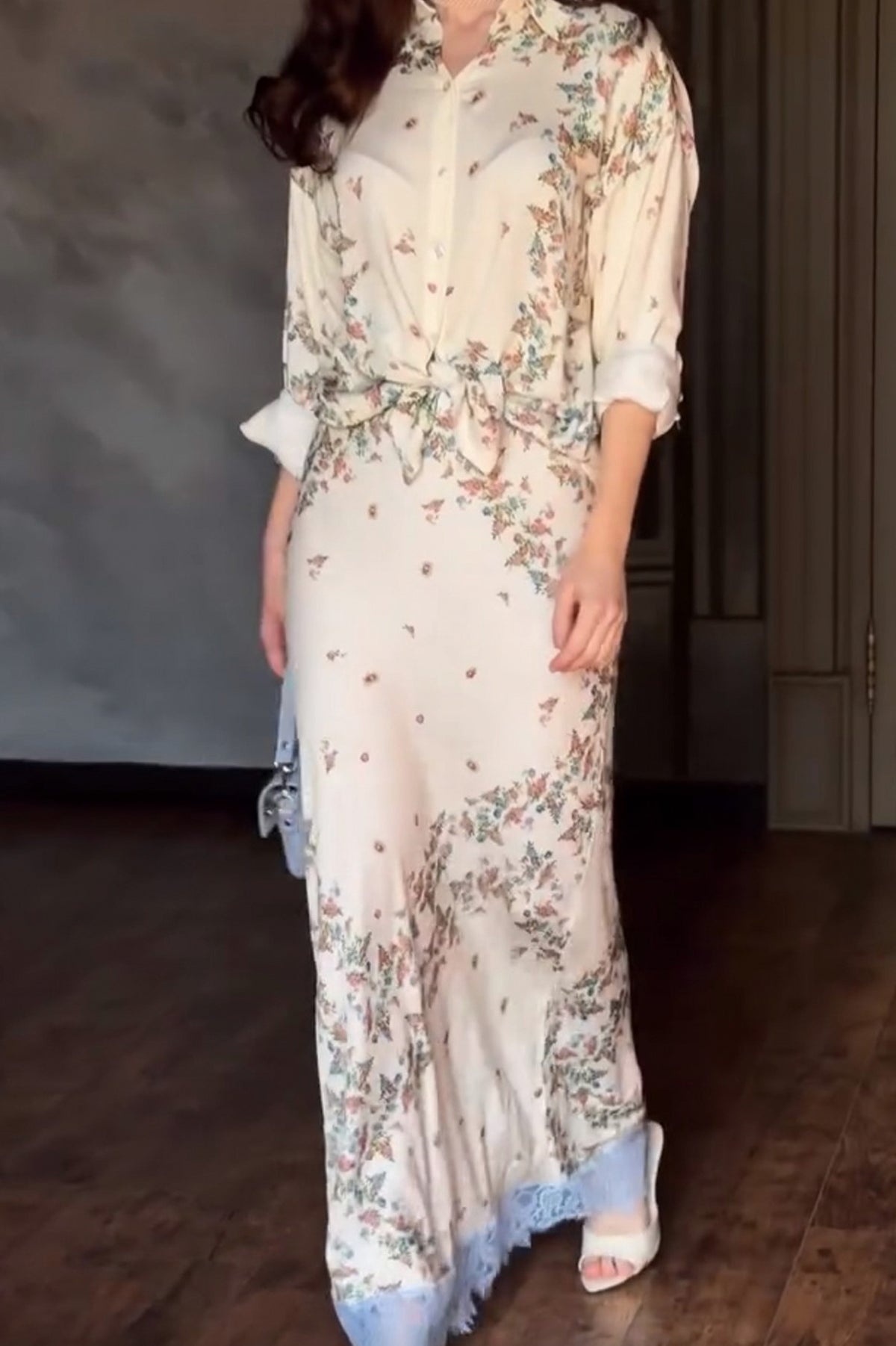 Floral Shirt Lace Trim Maxi Skirt Set