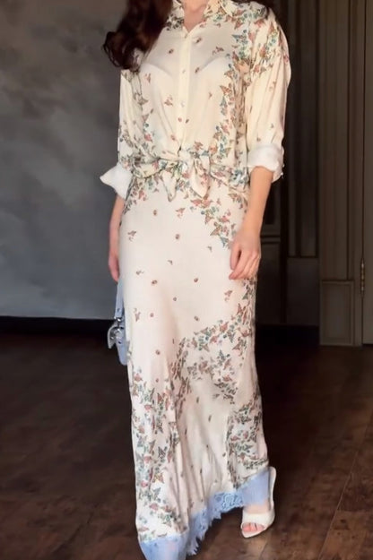 Floral Shirt Lace Trim Maxi Skirt Set