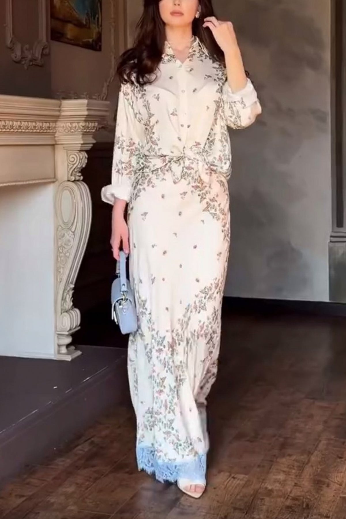Floral Shirt Lace Trim Maxi Skirt Set