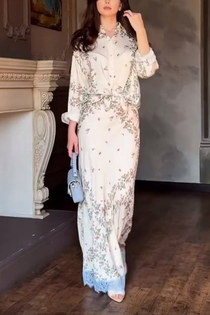 Floral Shirt Lace Trim Maxi Skirt Set