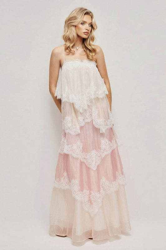 Lace Trim Tiered Maxi Dress