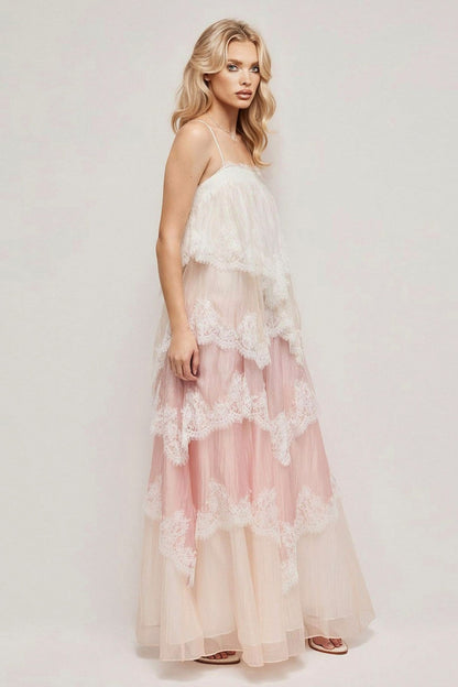 Lace Trim Tiered Maxi Dress