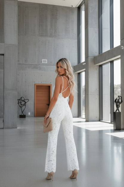 Lace V Neck Wide Leg Jumpsuit