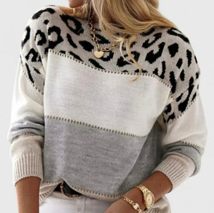 Leopard Print Crewneck Knit Sweater