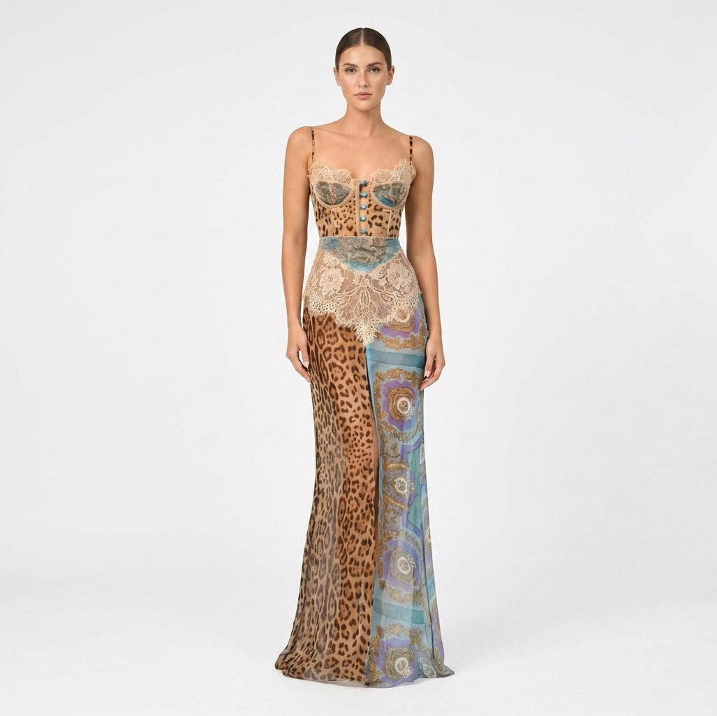 Leopard Print Lace Corset Maxi Dress