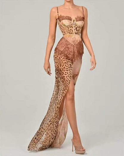 Leopard Print Lace Corset Maxi Dress