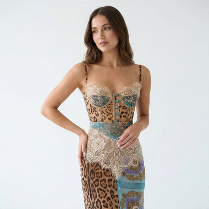 Leopard Print Lace Corset Maxi Dress