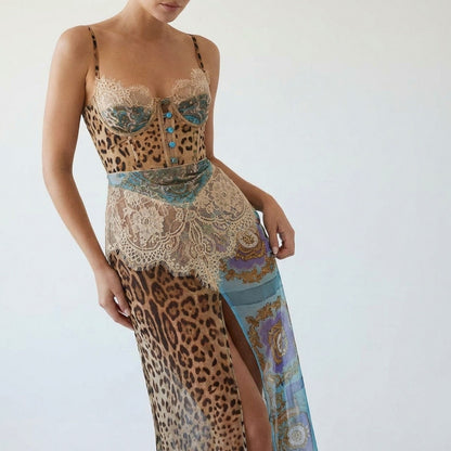 Leopard Print Lace Corset Maxi Dress
