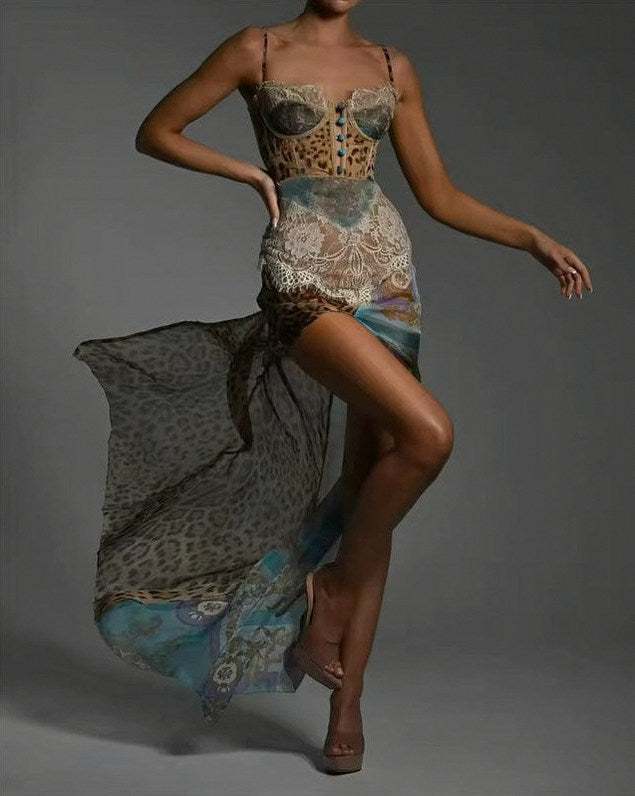 Leopard Print Lace Corset Maxi Dress
