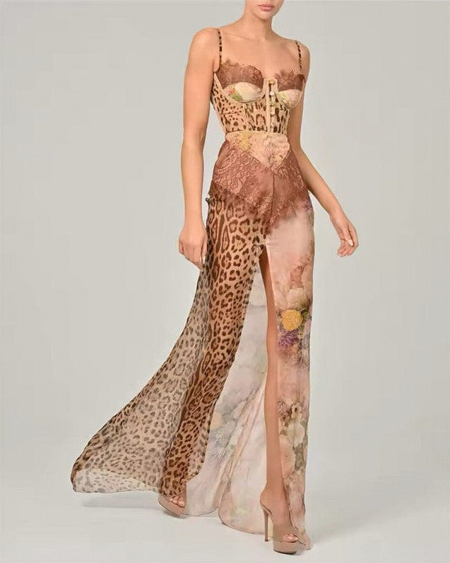 Leopard Print Lace Corset Maxi Dress