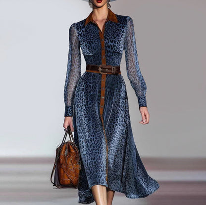 Leopard Print Long Sleeve Midi Shirt Dress