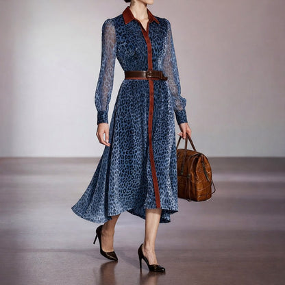 Leopard Print Long Sleeve Midi Shirt Dress