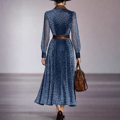 Leopard Print Long Sleeve Midi Shirt Dress