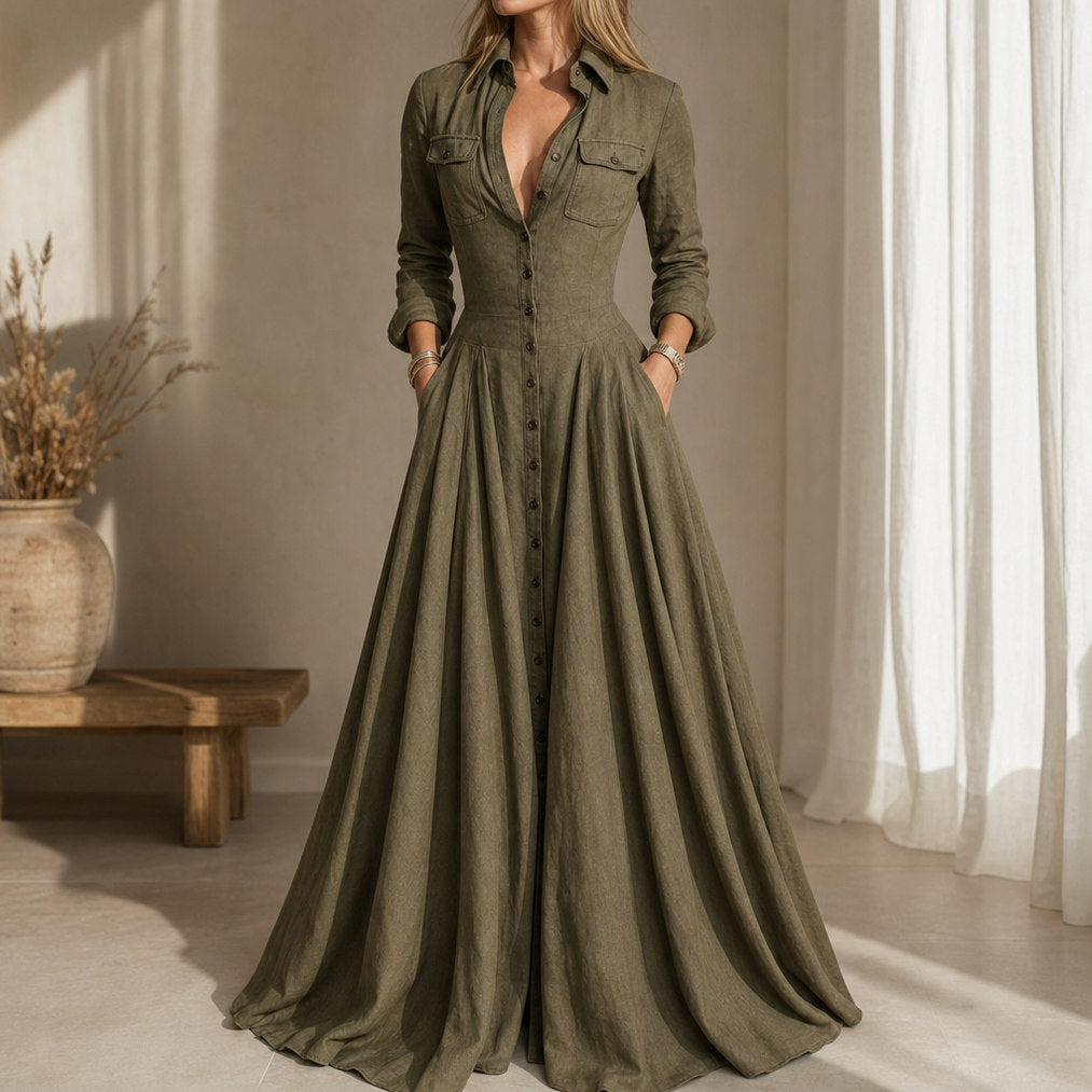 Linen Long Sleeve Collared Pleated Maxi Dress