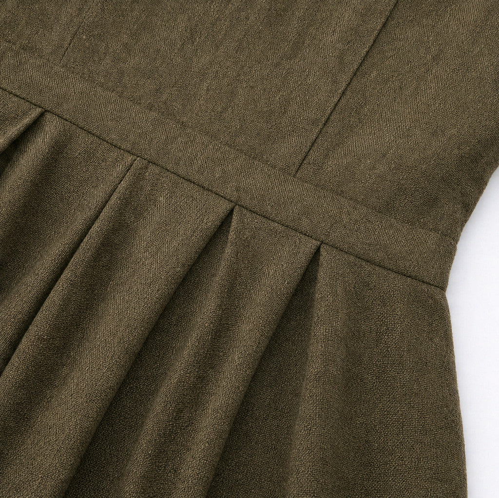 Linen Long Sleeve Collared Pleated Maxi Dress