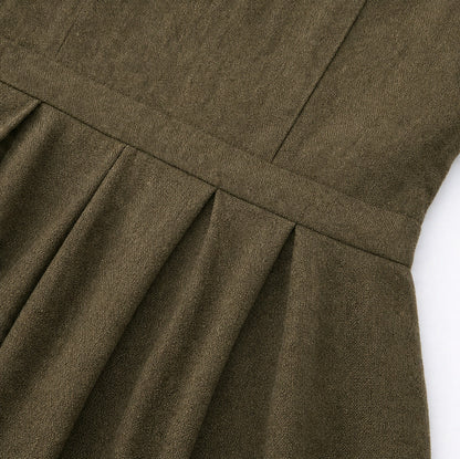 Linen Long Sleeve Collared Pleated Maxi Dress