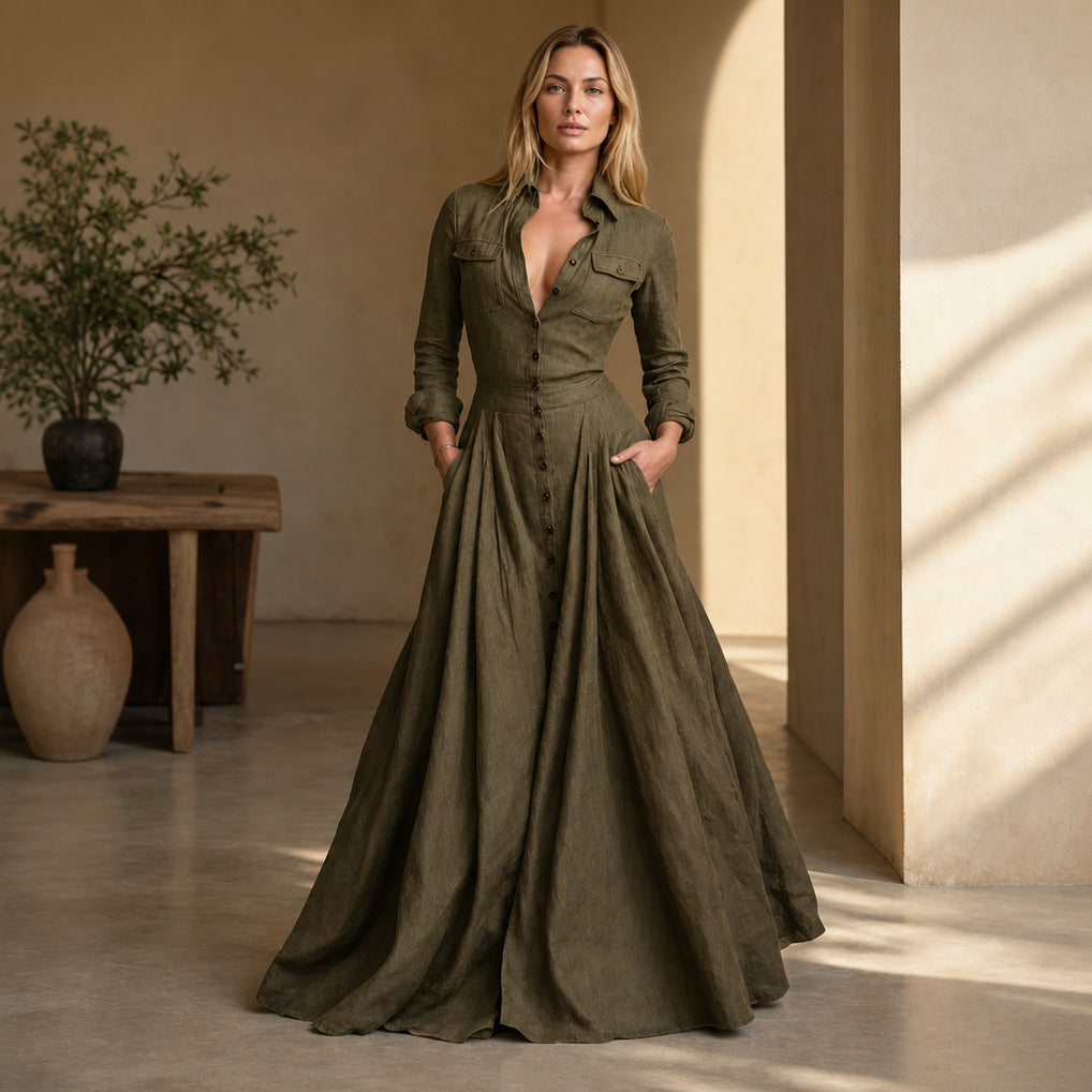 Linen Long Sleeve Collared Pleated Maxi Dress
