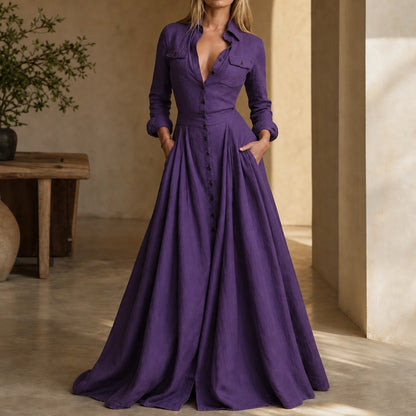 Linen Long Sleeve Collared Pleated Maxi Dress