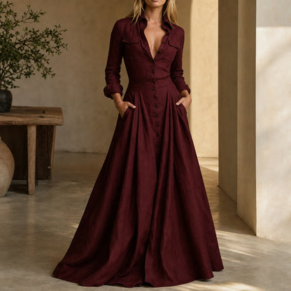 Linen Long Sleeve Collared Pleated Maxi Dress