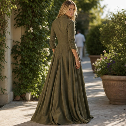 Linen Long Sleeve Collared Pleated Maxi Dress