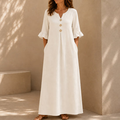 Linen Ruffle Sleeve Button Maxi Dress