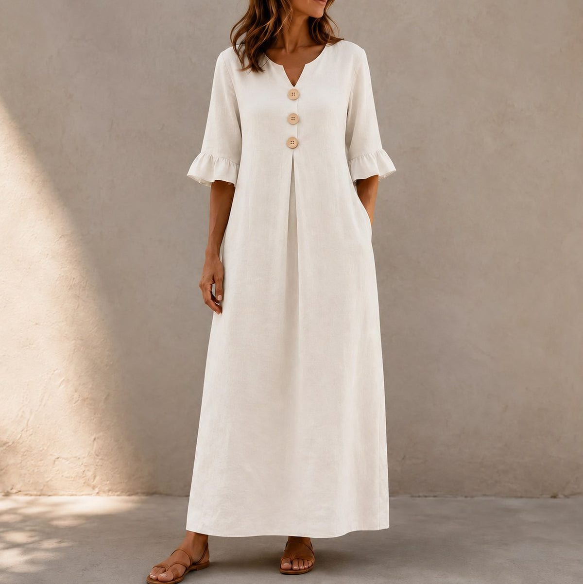 Linen Ruffle Sleeve Button Maxi Dress