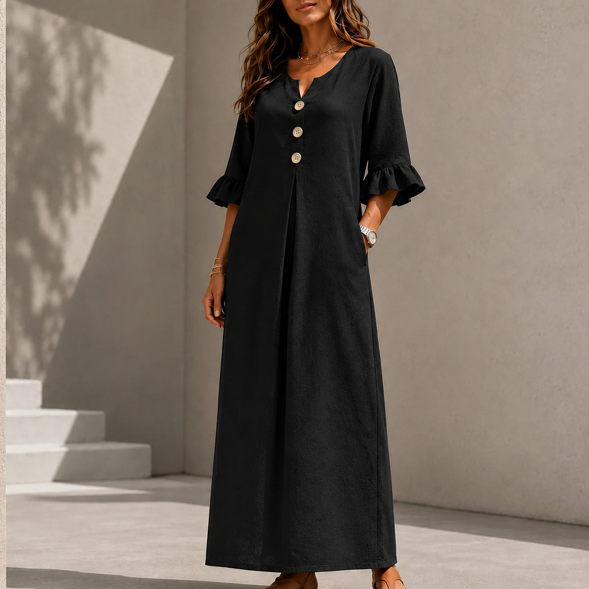 Linen Ruffle Sleeve Button Maxi Dress