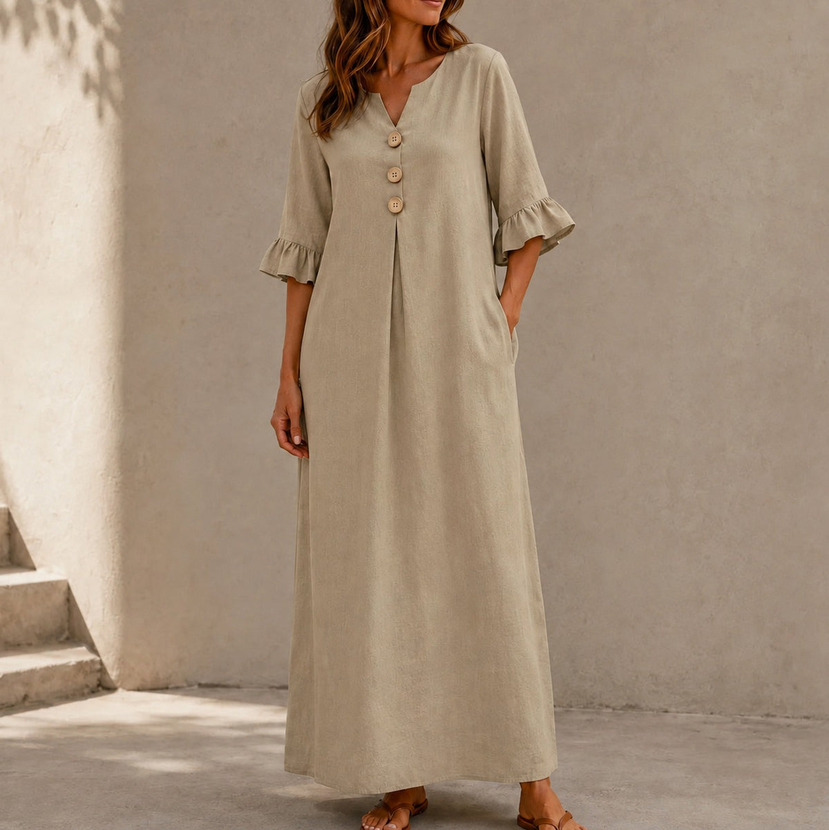 Linen Ruffle Sleeve Button Maxi Dress