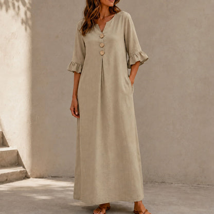 Linen Ruffle Sleeve Button Maxi Dress