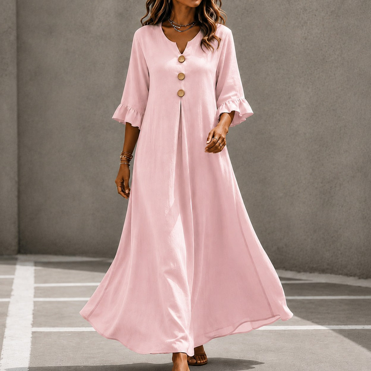 Linen Ruffle Sleeve Button Maxi Dress