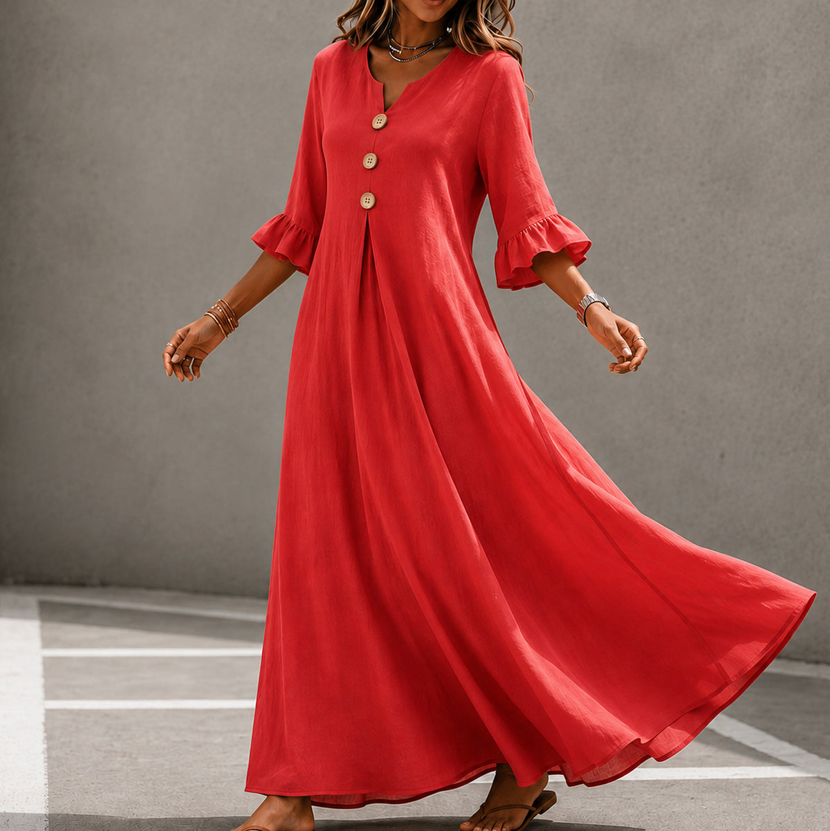 Linen Ruffle Sleeve Button Maxi Dress